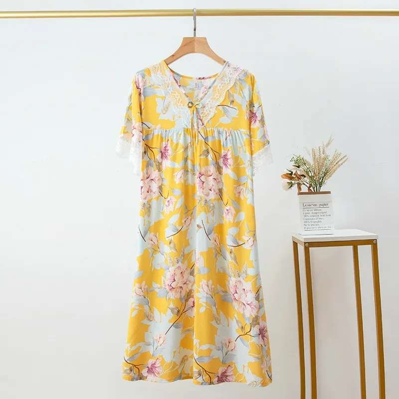 Женская вискозная ночная рубашка одежда для сна милый желтый цветочный принт