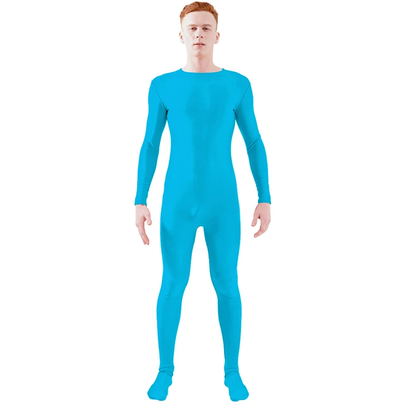 Blue Ensnovo, блестящий комбинезон на молнии, Zentai, колготки для всего тела для мужчин, боди на заказ, костюм из цельного спандекса с длинным рукавом - Цвет: Blue