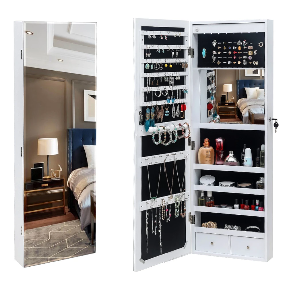 

Full Mirror Wooden Wall Mounted 4-Layer Shelf 2 Drawers With Inner Mirror 8 Blue LED Light Jewelry Storage Mirror Cabinet