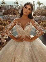 luxury lace dubai ball gown wedding dresses lace appliqued bridal gowns plus size long sleeve beaded crystal vestidos de novias