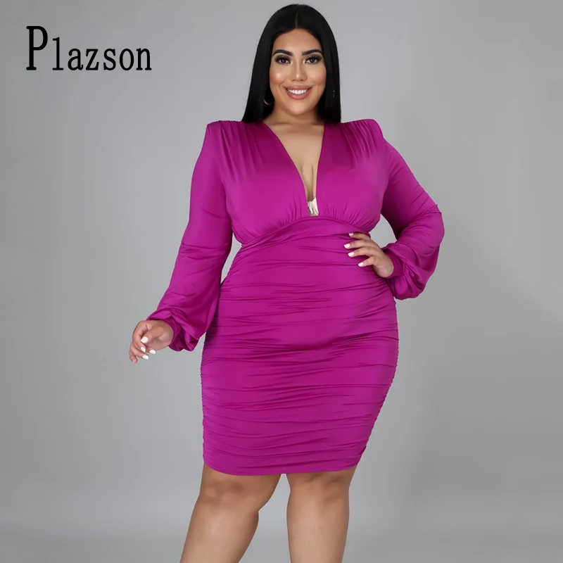 

Plazson Plus Size 5XL Autumn Winter Purple Long Sleeve Mini Dresses for Women V-neck Sexy Dress Ladies Office Workwear Vestidos