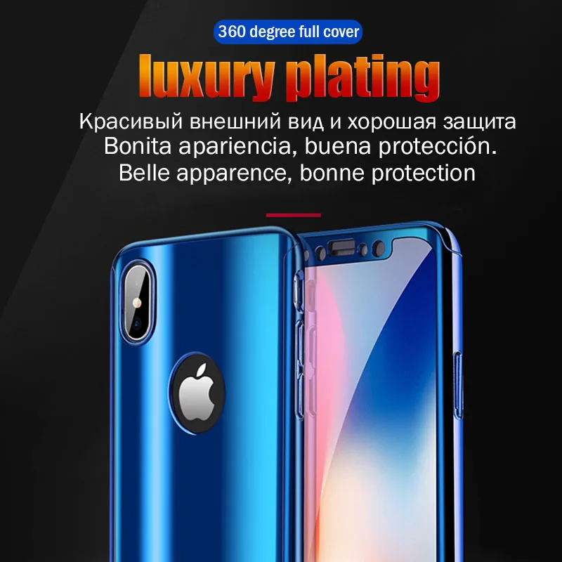 Покрытие 360 Полное покрытие для Apple iphone 7 iphone X Xr Xs Max зеркальный чехол для телефона для iphone 7 8 6 6S Plus блестящая Капа со стеклом