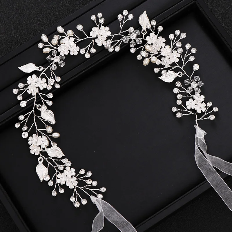 

Trendy Handmade Wedding Hair Jewellery Leaf Flower Silver Color Pearl Crystal Headband Bridal Headdress Princess Party Headwear