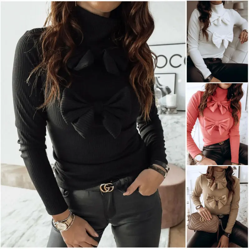 

2020 Spring Womens Sweater Slim High Neck Bow-Knot Pullover Turtleneck Solid Color Sweater Causal Long Sleeve Jumper Sweater Hot