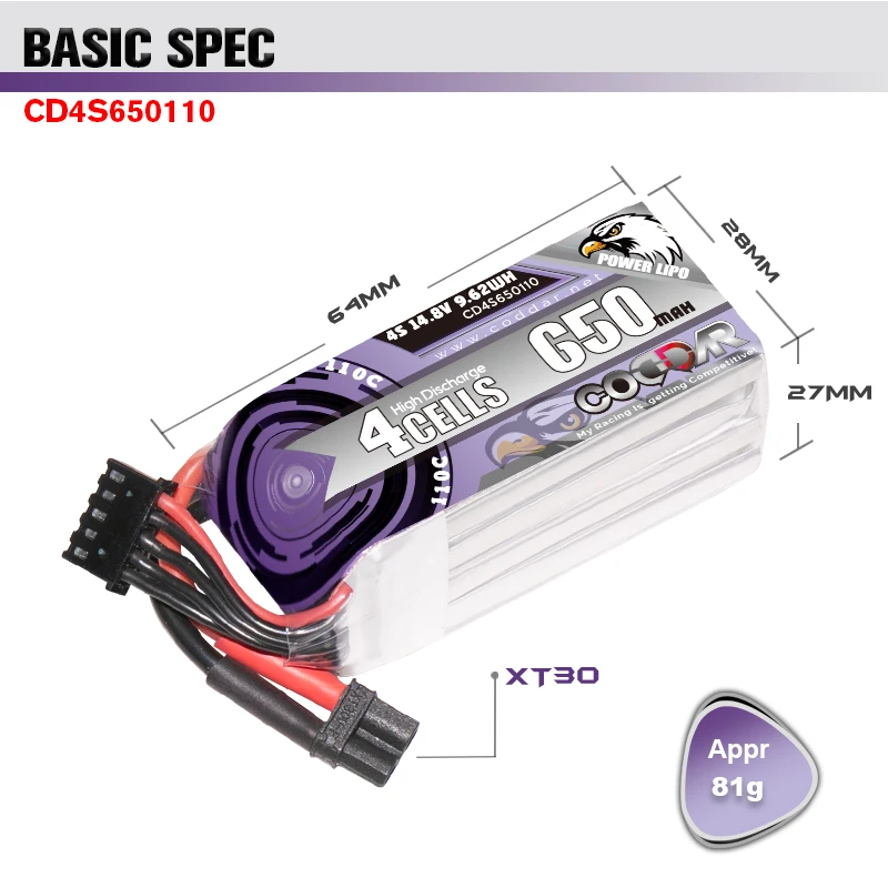 

2 PCS CODDAR 650mAh 14.8V 4S 110C Lipo Battery XT30 Plug For RC Quadcopter Helicopter FPV Racing Drone Parts