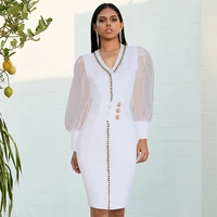 sesidy 2021 new summer women white bodycon bandage dress sexy v neck long sleeve button evening celebrity club party dresses