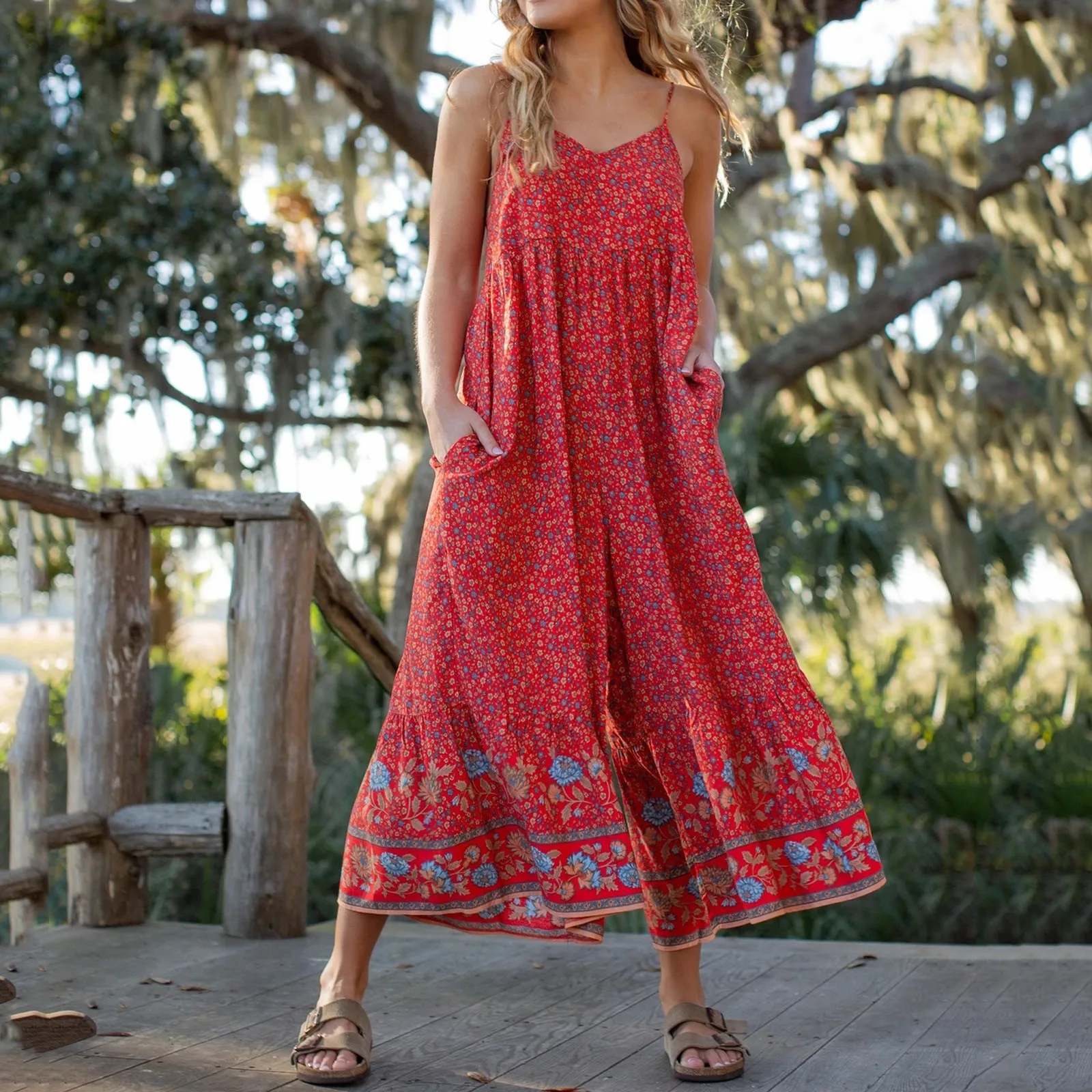 

50# Summer Bodysuit Women Boho Floral Print Long Playsuit Strap Loose Romper Woman Overalls Pocket Jumpsuit боди женское