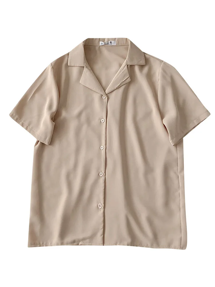 

Yeeloca Temperament Single Breasted Short Sleeve Shirt 2021 New Summer Women's Wear Lapel Blouser Korean Loose Solid Fashion Top