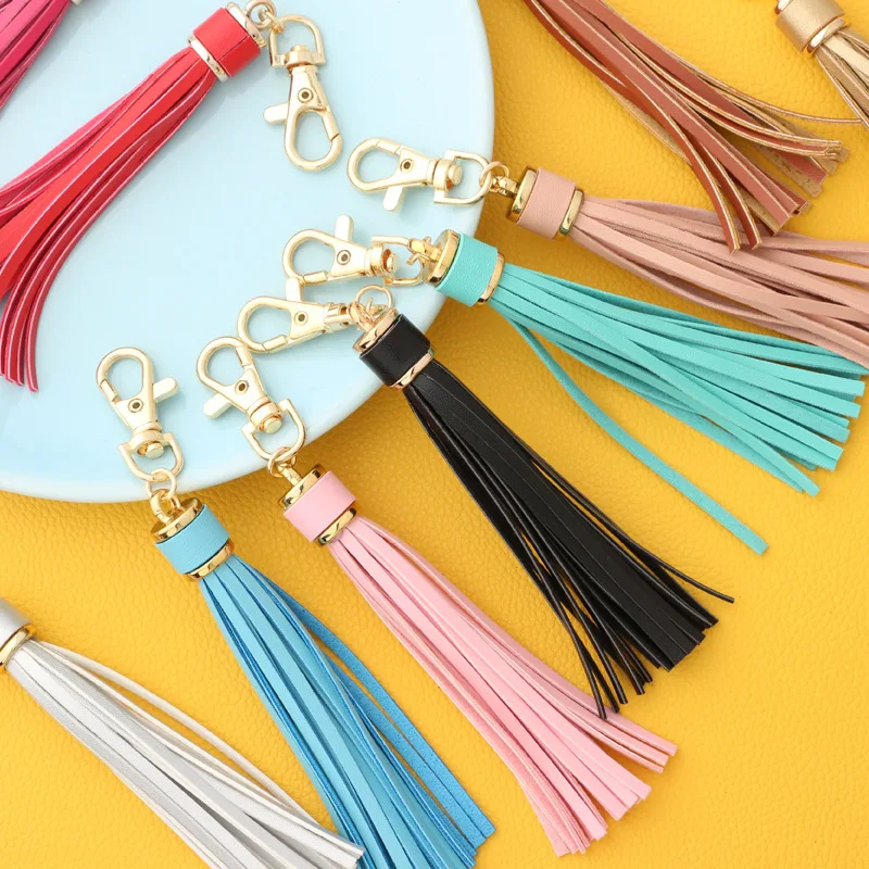 

Colored Leather Long Fringe Tassel Keychains for Women Bag Accessories Party Gift Key Rings + Clasp
