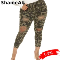 plus size street ripped holes camouflage printed ladies cargo pants 5xl women high waist baggy slim skinny pencil pants