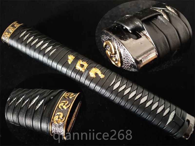 

Black Genuine Leather Hand made wood handle alloy snake and Tsuba fuch and Menuki For Japanese sword