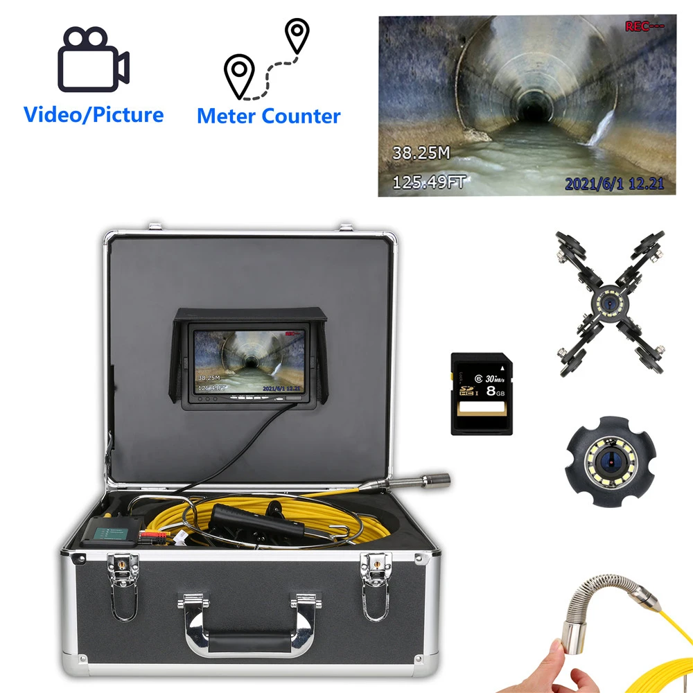 

30M Cable with Meter Counter Snake Sewer Pipe Inspection Cameraa, 7" Drain Sewer Pipeline Industrial Endoscope DVR Video Record