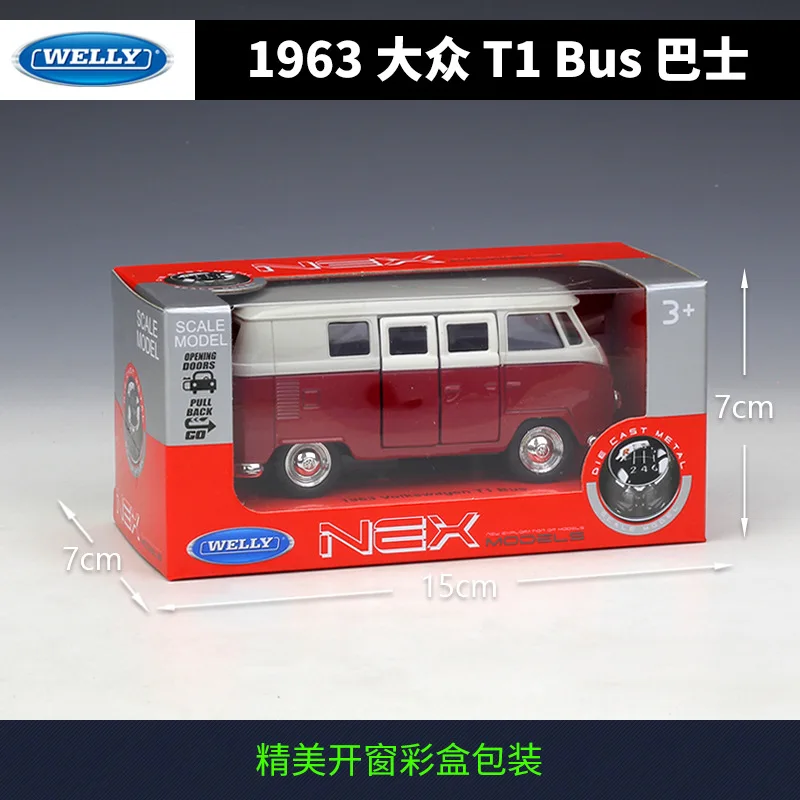 Модель автомобиля Welly 1:36 из сплава для автобуса Volkswagen 1963 T1 Натяжной автомобиль