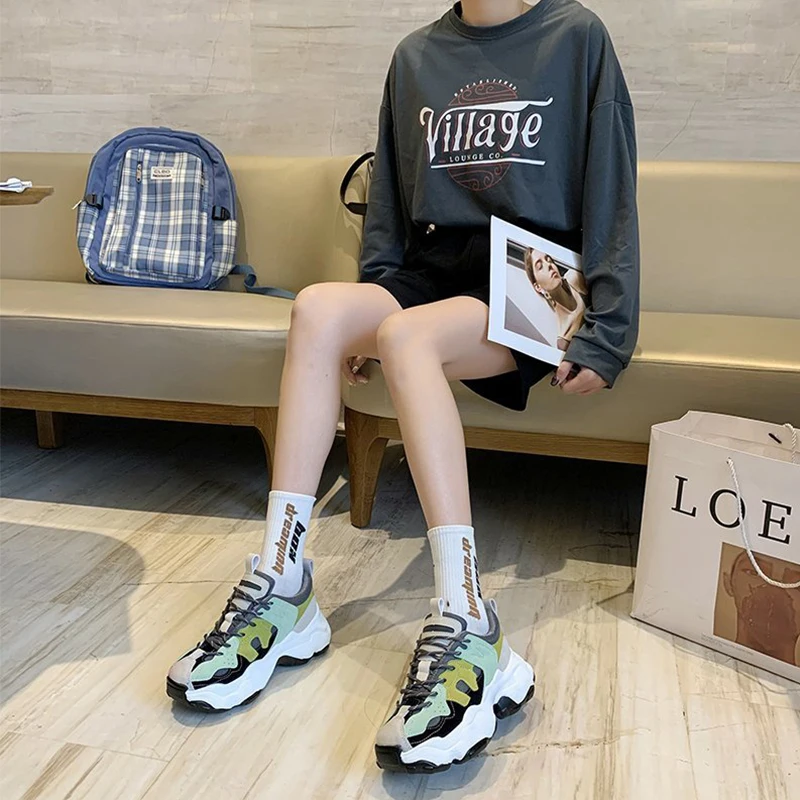 

Women Chunky Sneakers Casual Shoes 2021 Spring Autumn Lace Up Comfortable Designer Female Trainers Fashion Platform Sneakers