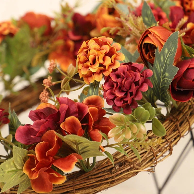 

Autumn Color Thanksgiving Day Tea Bud Hydrangea Wreath Wreath European-Style Simulation Plant 40cm Holiday Decoration