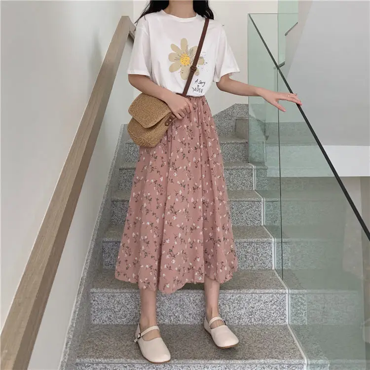 

Women Floral Print Skirt A-line Bohemian Mid-calf Korean Fashion Skirt Summer 2021