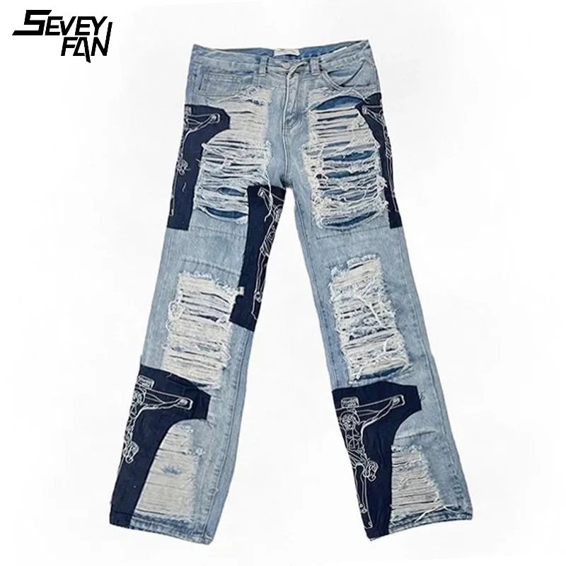 

Men Blue Hole Hip Hop Jeans Jesus Cross Patchwork Destroy Distressed Ripped Streetwear Harajuku Denim Pants Fashion Clothes Male