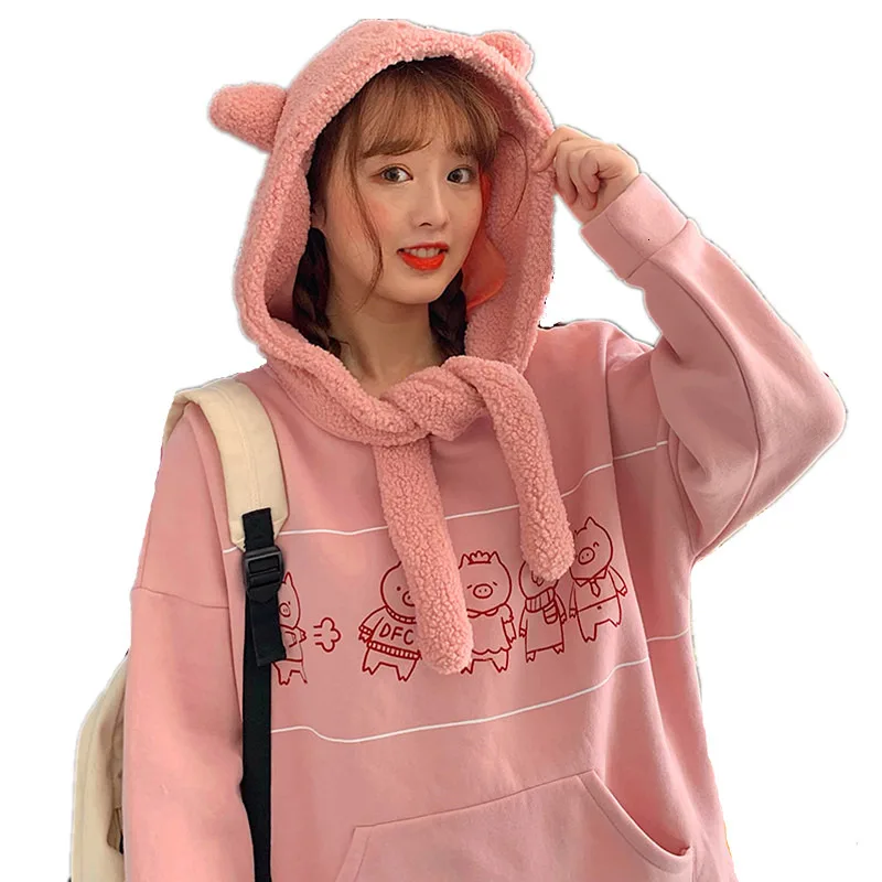 Autumn Winter Women Pig Ear Fleece Scarf Hooded Sweatshirt Plus Velvet Thicken Hoodies Sweet Girls Cartoon Print Kawaii Tops