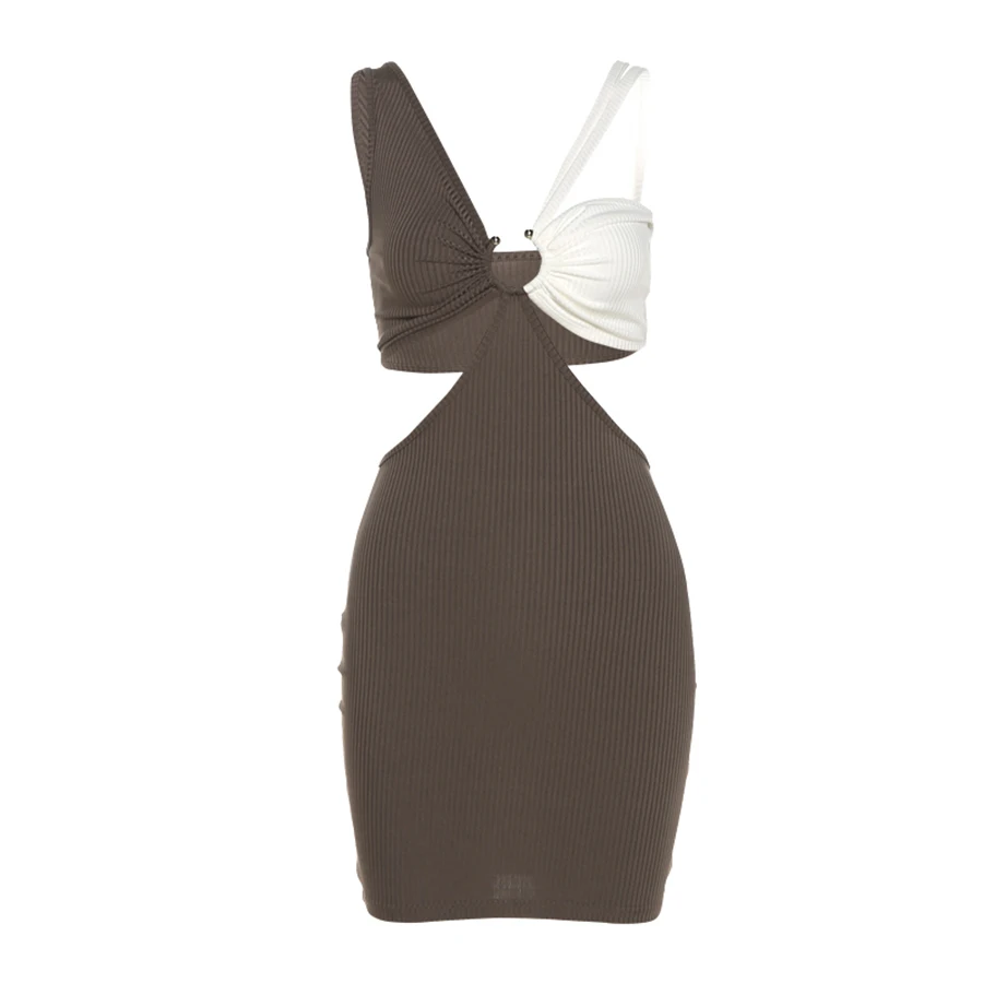 

Sylcue Summer 2021 cut-out design halter skirt white and brown splicing personality off-the-shoulder beach holiday dress