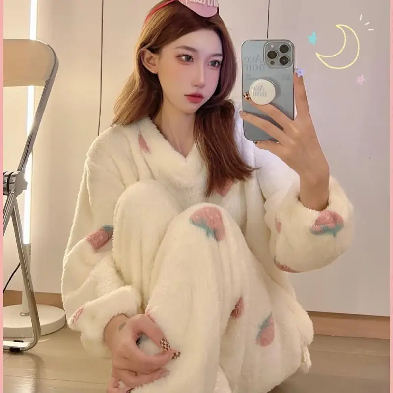 QWEEK Sleepwear Women Coral Fleece Pajamas Winter Home Clothes V Neck Strawberry Pyjamas loungewear Pijamas Kawaii Nightwear