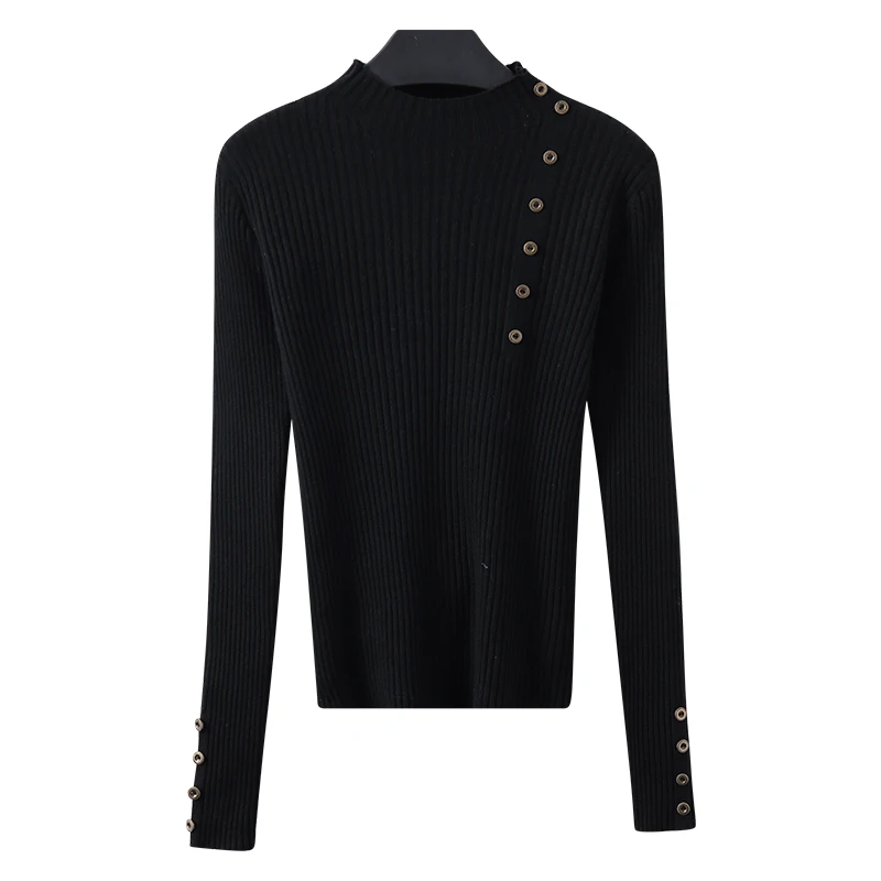 

Autumn Winter 2020 Women's Knitted Pullover Korean Version of Solid Half High Collar Button Slim Long Sleeve Bottomed sweater