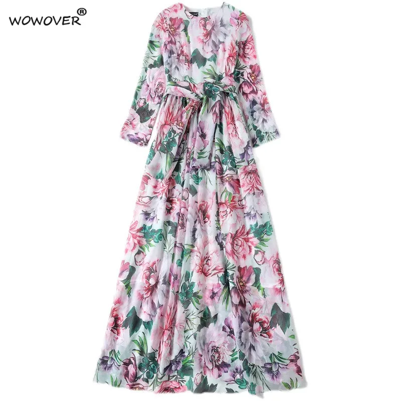 

Fashion Women's Runway Designer Long Sleeve Floral Chiffon Bohemian Vacation Floor Length Dress Elegant Lady Evening Party Robe