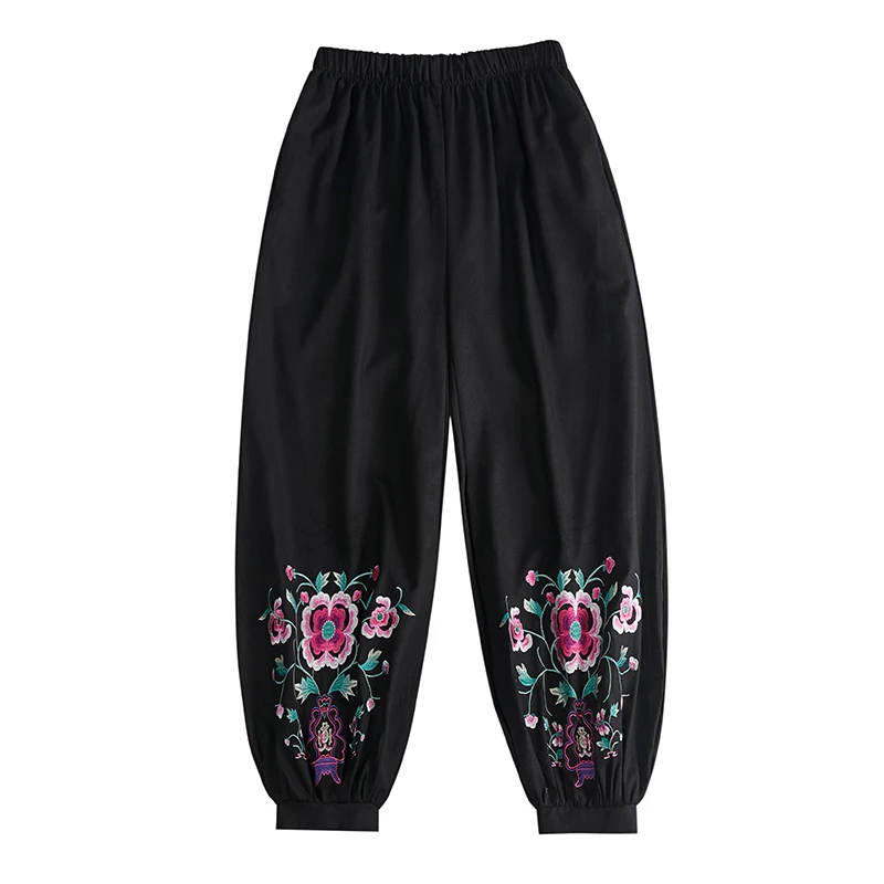 Женские винтажные шаровары с цветочной вышивкой брюки эластичной талией