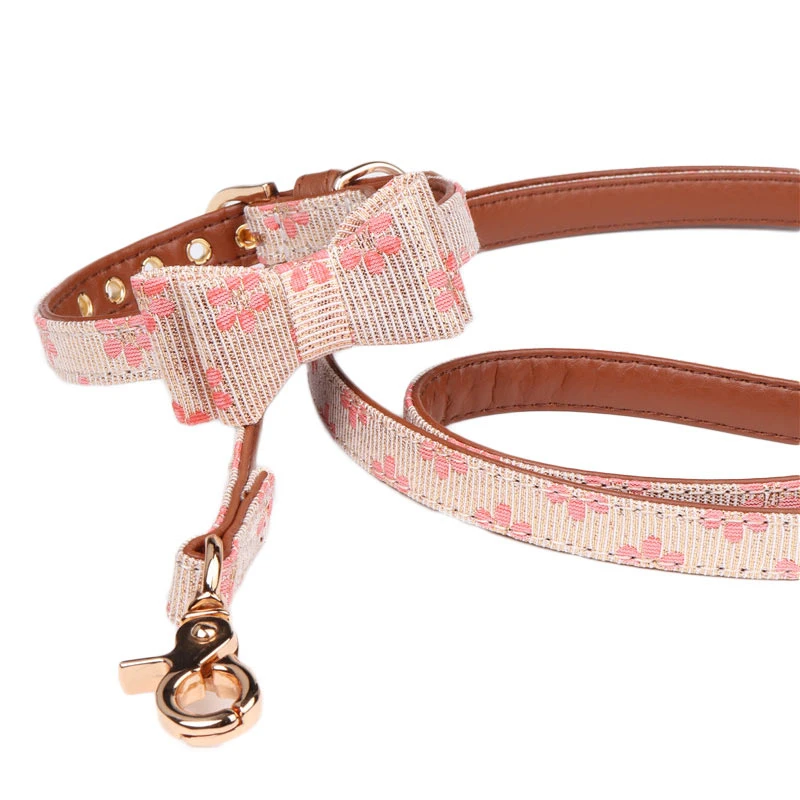 light pink Двухслойный ошейник с бантиком для домашних животных, собак, поводок для собак, веревка для поводка, милая Мода для маленьких плюшевых питомцев - Цвет: light pink