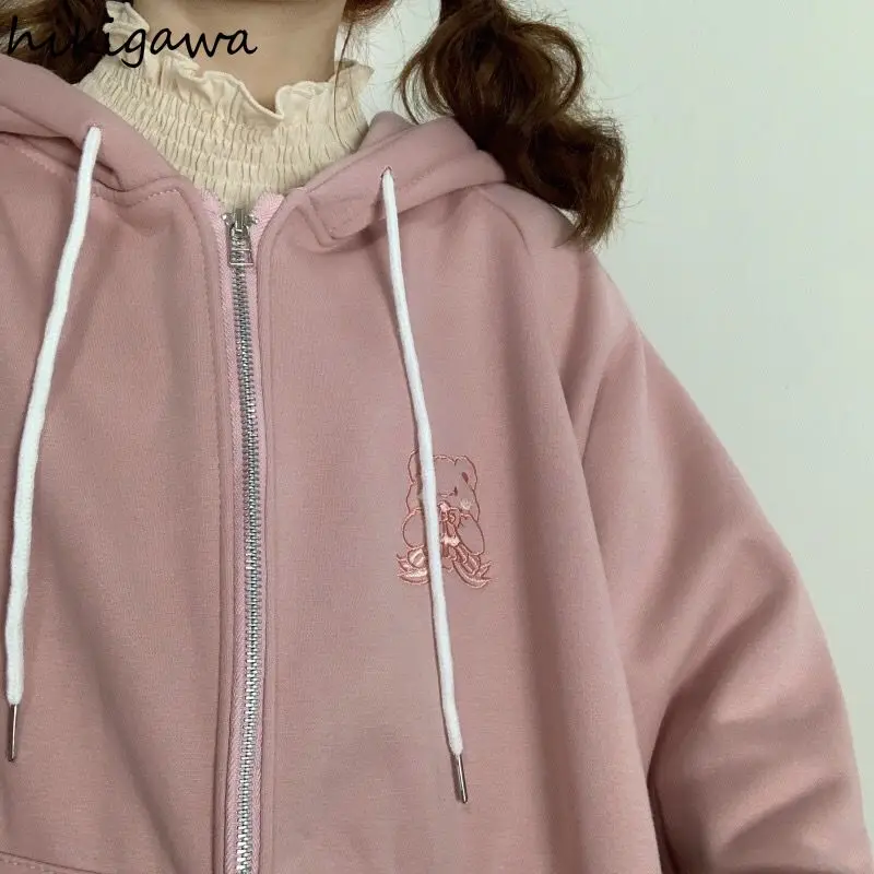 

Hikigawa Bear Cartoon Embroidery Sweatshirt Women Japan Kawaii Fashion Tops Pocket Solid Hoodies Student Long Sleeve Hoodie