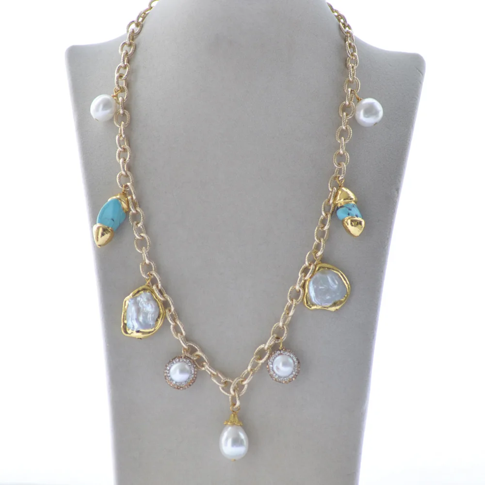 

Z10559 19" 15mm White Egg Shell Coin Pearl Turquoise Necklace Chain Pendant