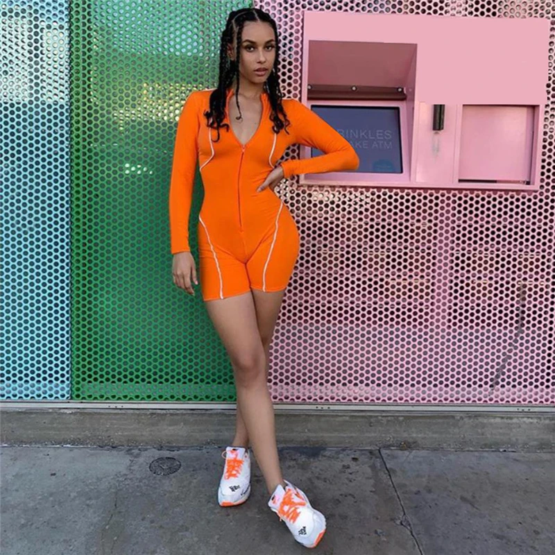 

Reflective Jumpsuit Skinny Shorts Stitching Long-Sleeved Zipper Casual Sportswear Playsuit Rompers Bodysuit Fashion New Women