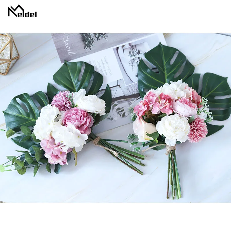 Свадебный букет Meldel искусственный Шелковый цветок розы розовая Гортензия помпон