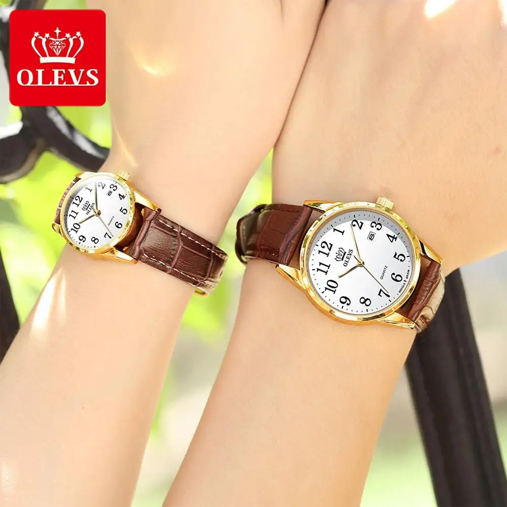 OLEVS Couple Watch Waterproof Fashion Quartz Watches Casual Luxury Dress Genuine Brown Leather  Wristwatch Lover Watch Gifts Set