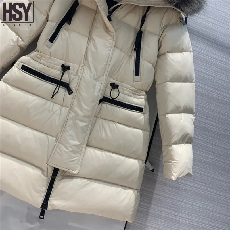 【HSY】, зимняя новинка, Женское пальто с большим меховым воротником из серебристой лисы, 90% белый утиный пух, с завязками на талии, с капюшоном, средней длины, пуховик