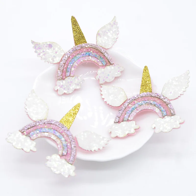 10Pcs 55*45mm Glitter Rainbow Clouds Applique for DIY Clothes Hat Sticker Headwear Hair Clips Bow Accessories Patches