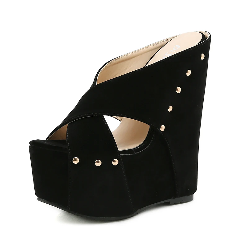 

Slides Rivet Wedge Sandals Peep Toe High quality Suede Black Sexy Women's Slippers 2021 Hollow 15CM Thick High Heels Women Shoes