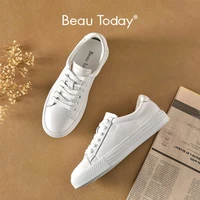 beautoday casual sneakers women genuine cow leather sewing white shoes round toe cross tied ladies concise flats handmade 29217