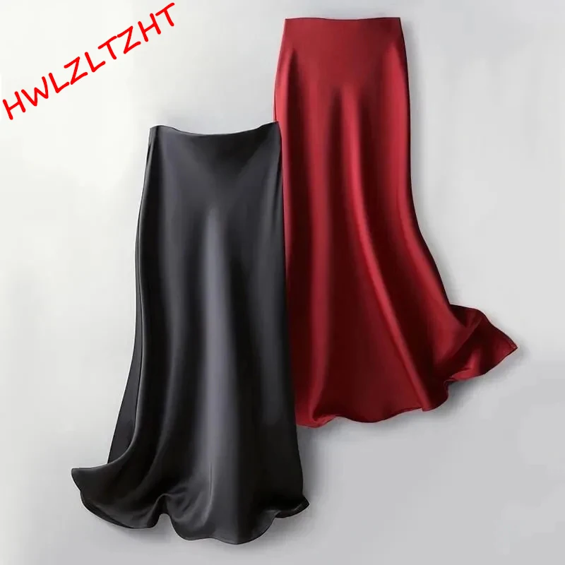 

2022 Elegant Satin Half Skirt Women Spring Long High Waist Mid-Calf Skirt New Autumn Ladies Elasticity Solid Casual Half Skirts