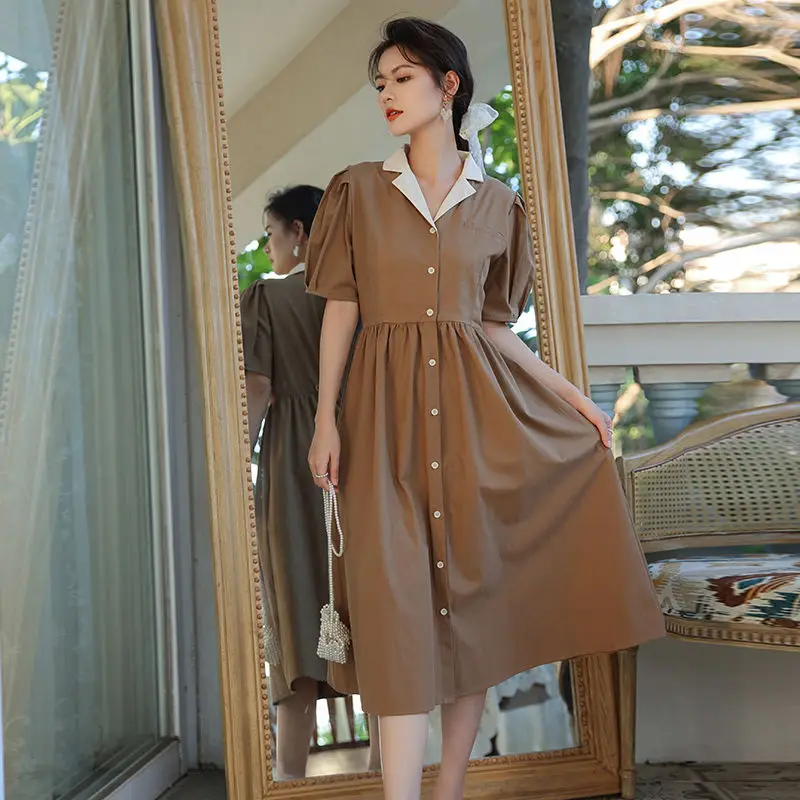 

2021 New Summer Women Dresses Short Sleeve Cotton Solid Color Casual Vintage Dress Fashion Loose Elegant Office Lady Dress
