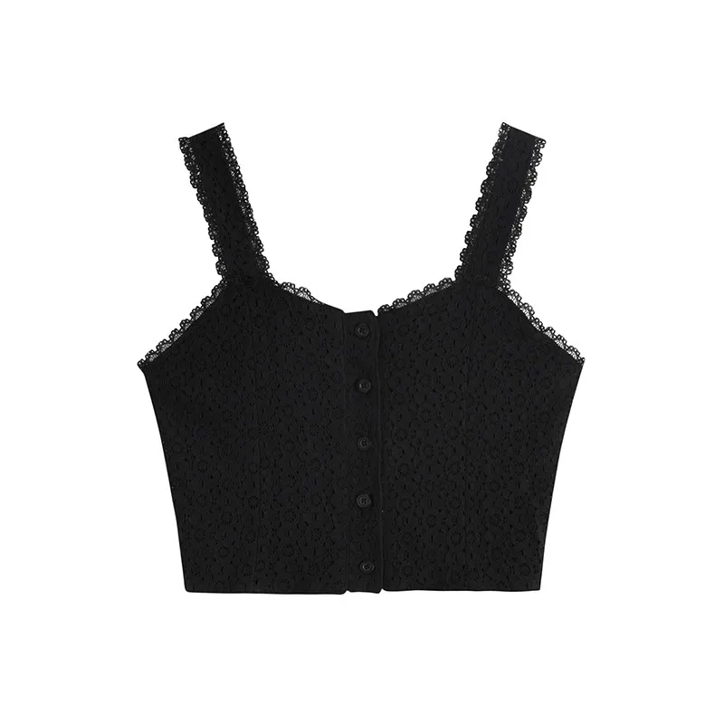 

Woman Lace Sling Vest Sleeveless Hollow Out Embroidery Slim Vests 2020 Summer New Female Casual Single Breasted Solid Tank Top