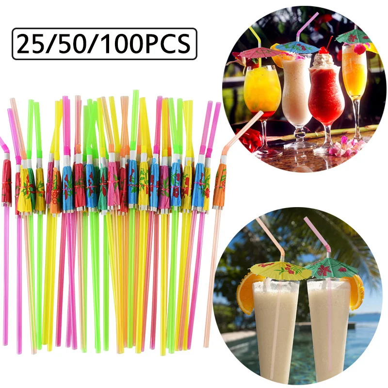 

25/50/100pcs Umbrella Cocktail Drinking Disposable Straws Hawaii Party Facvor Juice Parasols Straws For Bar Summer Home Decor