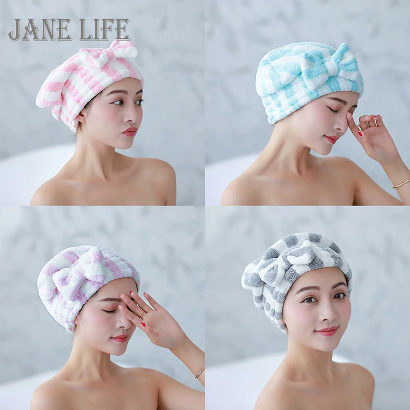 

Bowknot Dry Hair Towel Quick-drying Hair Cap Shower Cap for Women Striped Pattern Super Absorbent Bath Accessories