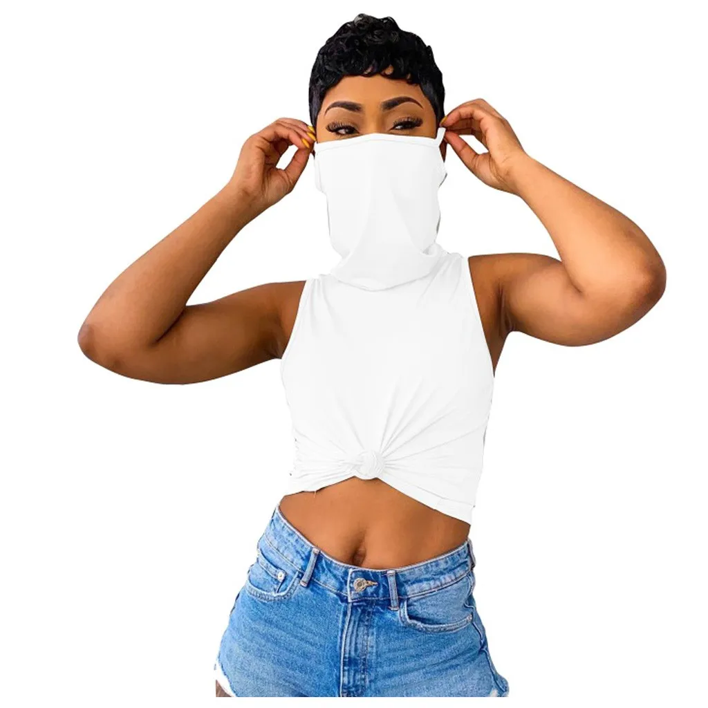 

Summer Women's Girl Casual Solid Color Sleeveless Vest With Mask T-shirt Female Plus Size S-XXXL