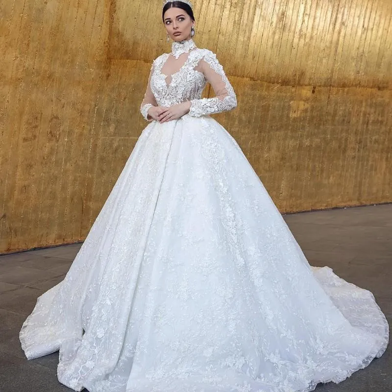 

High Neck Lace Ball Gowns Wedding Dresses Crystal Beaded Long Sleeve Lace Princess Bridal Gowns Luxury Dubai Wedding Dresses