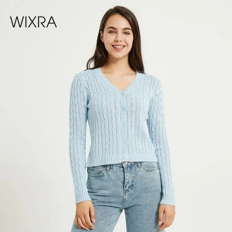 Женский кардиган с V-образным вырезом Wixra повседневный Однотонный свитер длинным