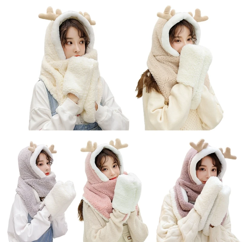 

Women Winter Warm Reindeer Antler 3 In 1 Plush Hoodie Hat with Long Scarf Gloves