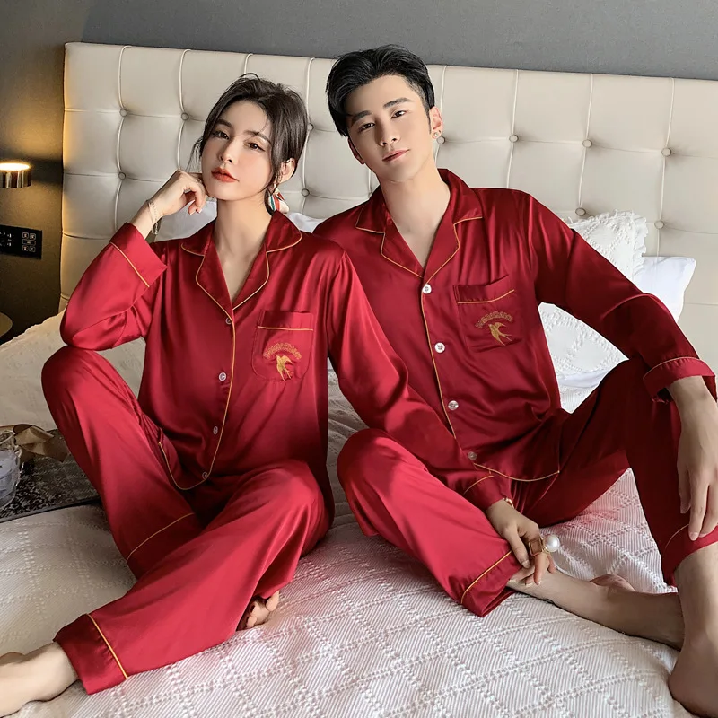 2021 New Couple Pajamas Men's Women's Pajamas Ice Snow Silk Long Sleeve Sleepwear Set Korean Thin Home Clothes Female Nightwear