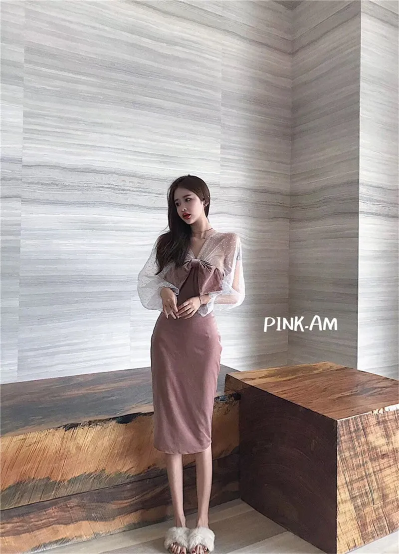 Шикарный французский с пышными сетчатыми рукавами вельветовое платье 2019 новые