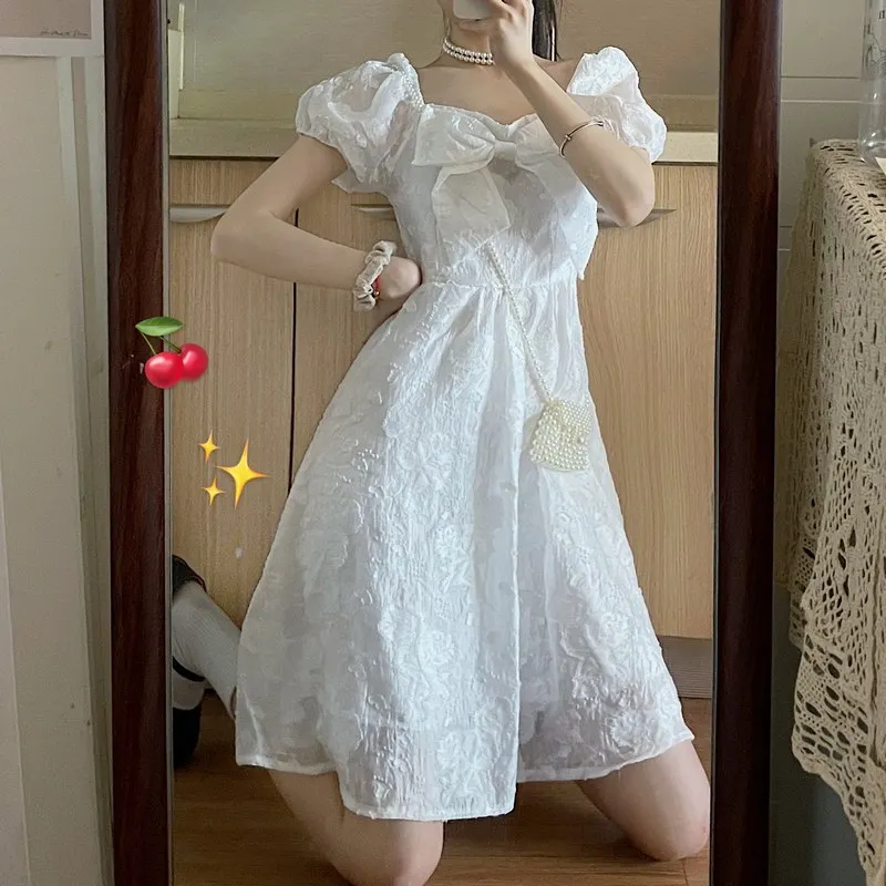 

Summer New French Tender Temperament Dress Sweety Square Collar Bow Cute Puff Sleeve Lace A-Line Mini White Dresses For Female