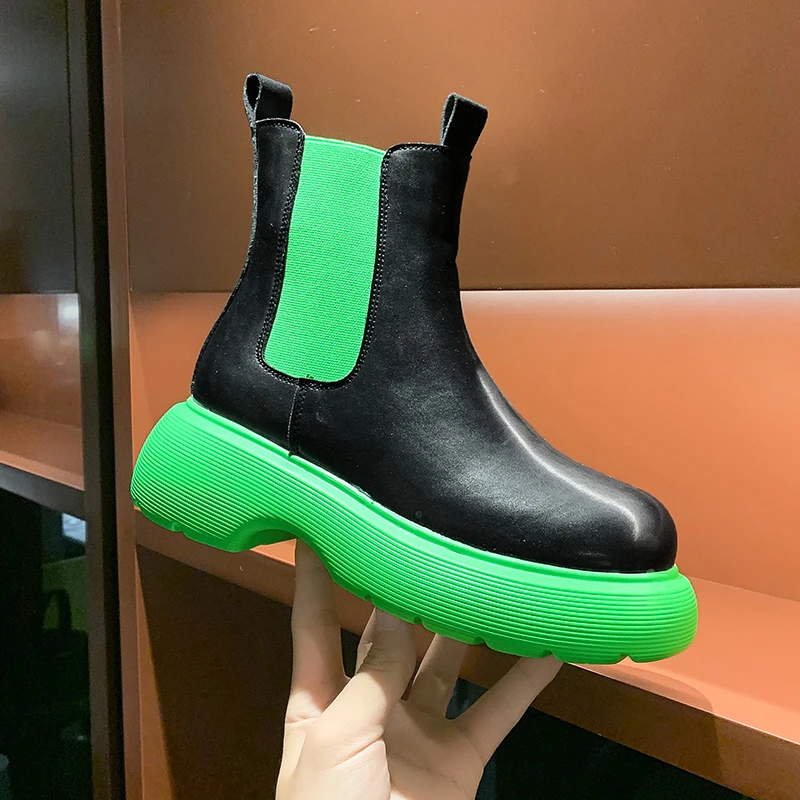 

2021 Winter Women Platform Chelsea Boots Waterproof Ladies Leather Boots Elastic Band Designer Shoes Botines Mujeres